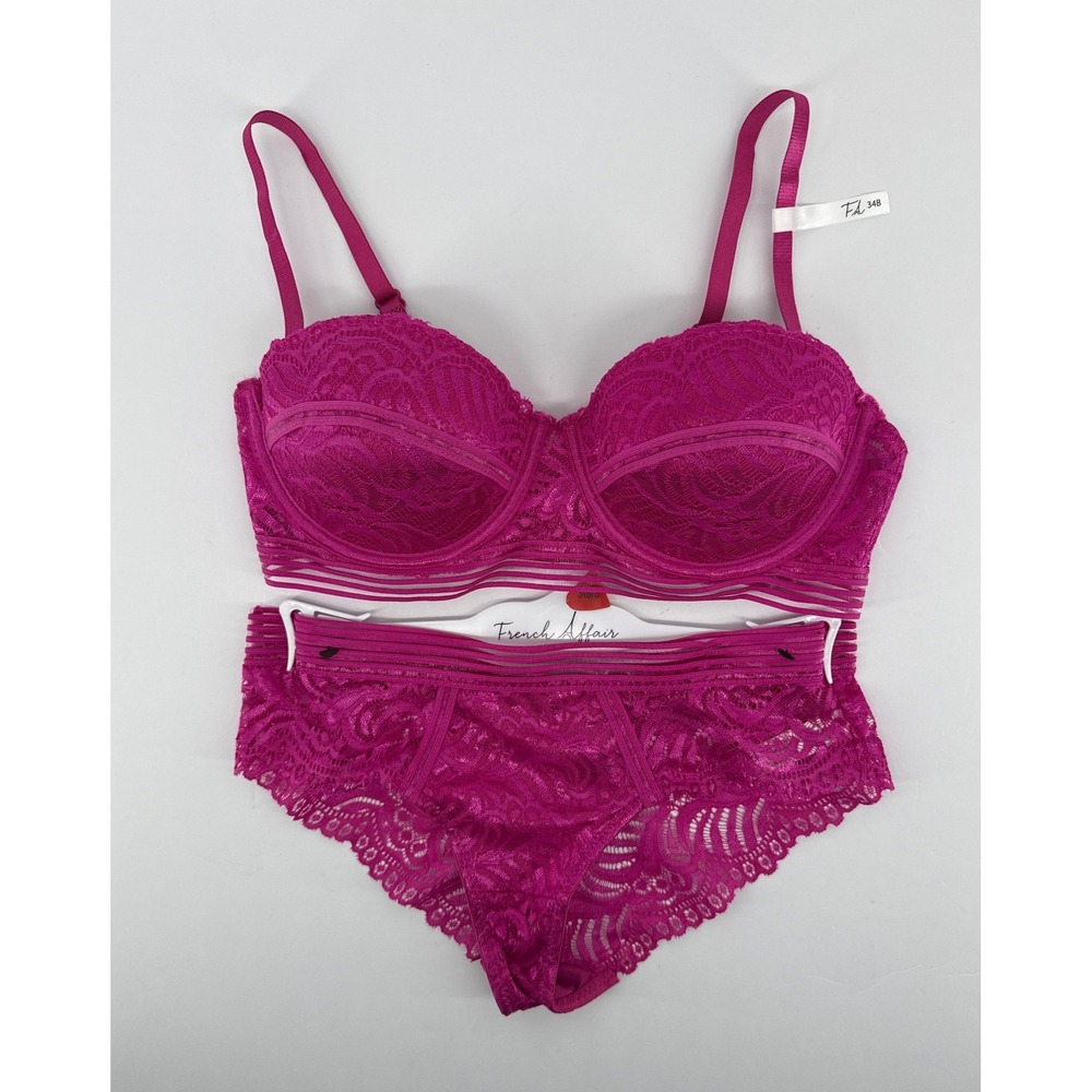 French Affair Magenta Pink Lace Mesh Lingerie Set 34B Small WO4531-662-FZA